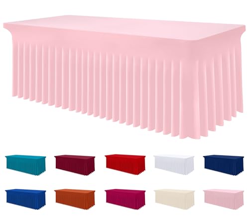 Image of Smiry Spandex Elastic Fitted Table Cloth Skirt for 4FT Rectangle Table | Stretch Washable Table Cloth, Banquet Table Cover for Wedding, Party, Indoor & Trade Shows, (Pink, 48Lx24Wx30H)