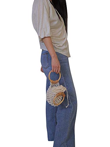 Women Woven Crochet Handbag, Travel Hollow Out Wood Handle Drawstring Bucket Bag Handle Beach Bags4