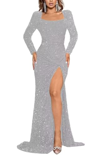 Mermaid Sequin Ruched Long Prom Dresses for Women Square Neck Long Sleeve Formal Evening Gowns