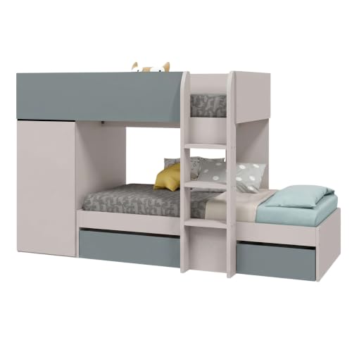 Miroytengo Cama Tren Juvenil Eureka, Litera 2 Camas, 2 cajones y Armario, Verde Eucalipto y Cachemir 255x152x111 cm