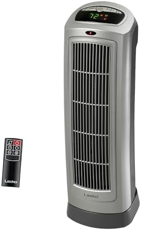 Lasko Oscillating Digital Ceramic Tower Heater for Home with Adjustable Thermostat, Timer and Remote Control, 23 Inches, 1500W, Silver, 755320