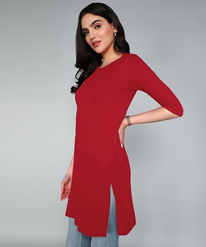 Image of FLEXIMAA Women's Cotton Plain Round Neck 3 /4 Sleeve Long Top