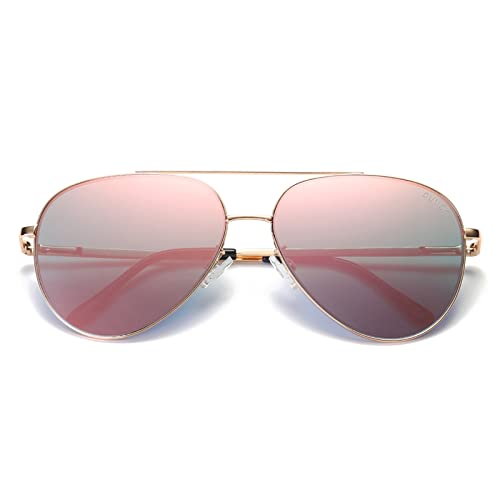 DUMOK Aviator Sunglasses Unisex Flat Lens Mirrored Metal Classic Shades DSR003 With Gold Frame/Pink Lens