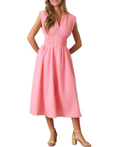 Image of FANCYINN Summer Casual Womens Maxi Dress Sleeveless V Neck Waist Aline Front Zipper High Slit Flowy Long Dress Pockets