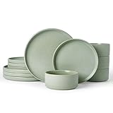 Famiware Star Dinnerware Set, Plates and Bowls Sets for 4 (12pcs), Ribbed Stoneware Dishes - Chip & Scratch Resistant, Microwave & Dishwasher Safe, Matte Sage Green