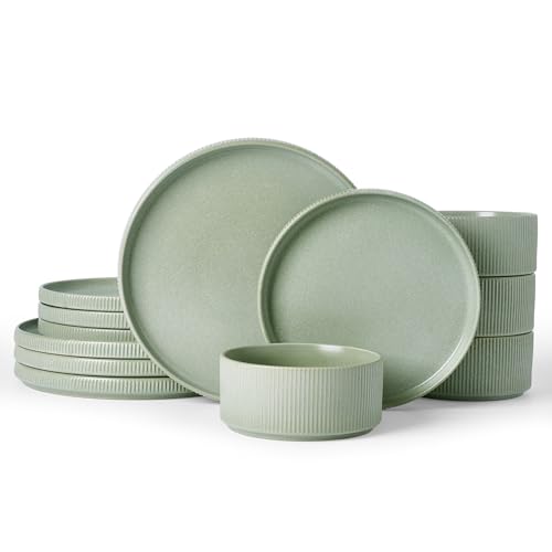 Image of Famiware Star 12-Piece Stoneware Dinnerware Sets, Service for 4 - Handcrafted Reactive Glaze Plates and Bowls, Modern Rustic Dishes, Chip /Scratch Resistant, Microwave /Dishwasher Safe, Matte Sage Green