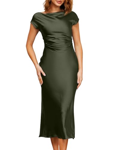 Memoriesea Women's Sexy Cowl Neck Cap Sleeves Tie Back Party Cocktail Midi Dress
