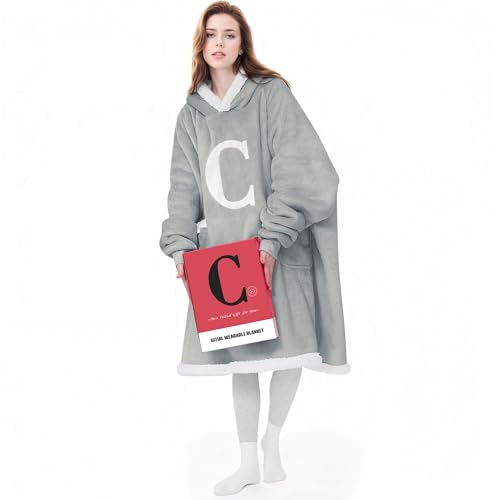 Wearable Blanket Hoodie with Letter A-Z - Oversized Sweatshirt Blanket Hooded Monogrammed Personalized Gifts for Women Girlfriend Sister, Grey, Initial C
