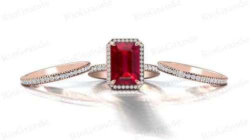 Art Deco 7.5 CT Emerald Cut Ruby Engagement Ring Set Rose Gold Ruby Wedding Ring Set Antique Ruby Wedding Ring Set Vintage Ruby Bridal Ring Set Anniversary Ring Set Promise Ring Set4