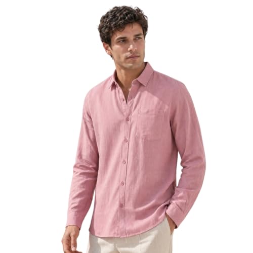 Image of Nobero Breezy Premium Linen Cotton Shirt for Men | Stylish Casual Shirts for Men | Semi Cut Collar | Box Pleat | Curved Hem | Regular Fit | Full Sleeve | S-XXXL