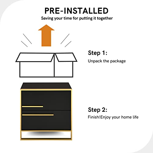 Hernest Modern Nightstand Set Of 2 Storage Cabinet With Solid Wood 2 Drawers Sofa Bedside End Table Glam Steel Frame Accent Furniture Without Assembly For Bedroom/Living Room/Salon/Office, Black #TOP3