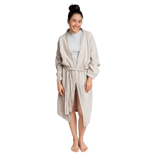 Olive + Crate European Flax Linen Kimono Robe Lightweight Luxury Bathrobe for Women & Men Relaxed Fit Dressing Gown - Natural Small- Medium