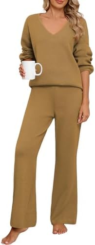 PASUDA Zweiteiler Damen Elegant Tracksuit Hausanzug Kuschelig Langarm Lässiger Trainingsanzug Loungewear Set Gerippt V-Ausschnitt 2-Teiliges Freizeitanzug mit Strickpullover Lange