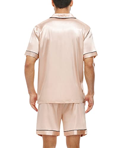 Image of SWOMOG Men Satin Silk Pajamas Sets Short Sleeve Sleepwear Button-Down PJs Sets Two-Pieces Loungewear with Pockets