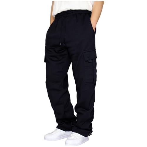 Mens Cargo Sweatpants Baggy Elastic Waisted Fleece Joggers, Loose Fit Open Bottom Athletic Sweat Pants for Mens with Pockets