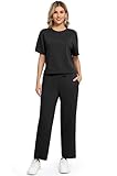 WUWUSKY Trainingsanzug Damen Sommer Outfit Set, Kurzarm Loungewear mit lässigem Rundhalsshirt und weiter Hose, Elegantes Freizeit Set mit Taschen,Schwarz,L