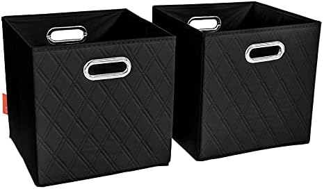 JIAessentials 12 inch Black Foldable Diamond Patterned Faux Leather Storage Cube Bins Set of Two with Handles for living room, bedroom and office storage