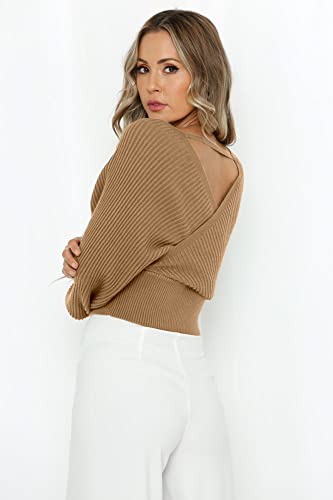 Image of ZAFUL Womens V Neck Cropped Wrap Sweaters Drop Shoulder Lantern Sleeve Pullover Tops Winter Sexy Cross Ribbed Clothes
