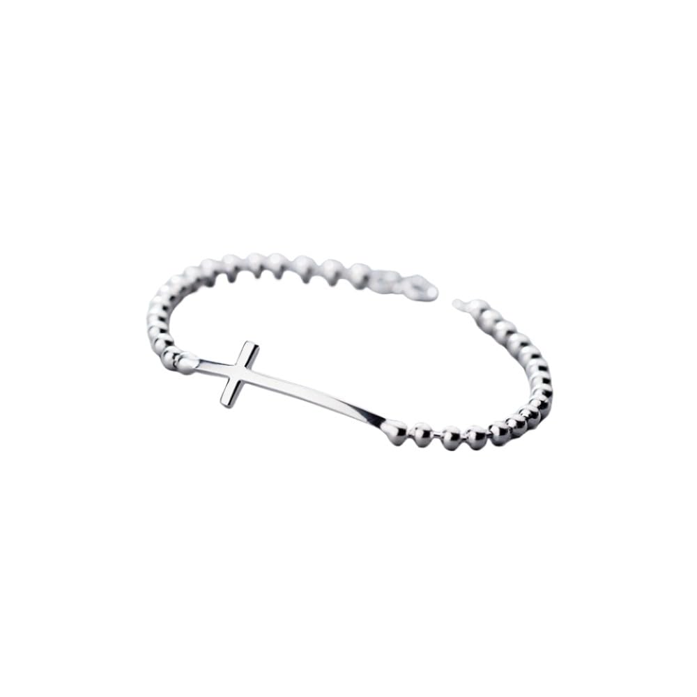 QHQQXN MOCHAMIK Argento Sterling, Delicati Braccialetti in Argento da Donna S925 Argento Lucido Perline Braccialetti con Ciondolo a Croce Braccialetti con Chiusura a Moschettone Gioielli in Argento
