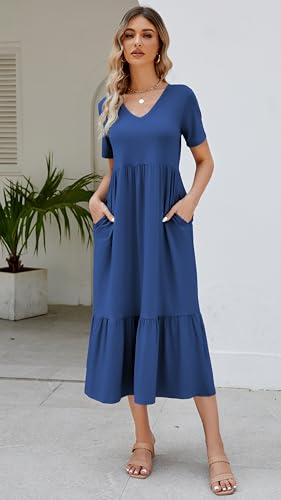 Women's 2025 Summer Short Sleeve V Neck Swing Dress Flowy Tiered Maxi Beach Sundress with Pockets4