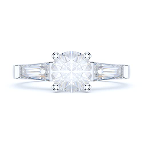 Sterling Silver Tapered Baguette and Round Brilliant Cut Simulated Diamond or Genuine Moissanite Three-Stone Promise Engagement Ring For Women2