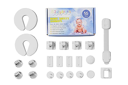 16PCS JollyAngels Baby Proofing Kit | Magnetic Cabinet Locks | Child Proof Electrical Outlet Covers | Table Corner Guards | Door Pinch Guards | Adjustable Baby Safety Lock Straps