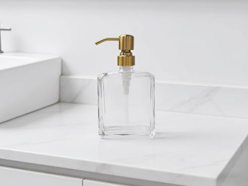 Image of Square Clear Glass Dish Soap Dispenser Brushed Gold Pump, Antique Refillable 13.5 oz Lotion Hand Soap Dispenser with Rust Proof Stainless Steel Pump for Bathroom Kitchen Countertop