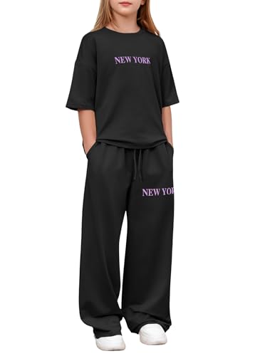 LuxyBear Girls 2 Piece Outfits Fashion Tracksuits 3/4 Sleeve Sweatshirts and Loose Casual Pants with Pockets Sets Black 13-14 Years