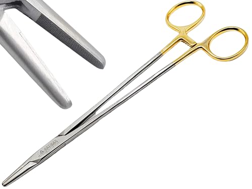 Image of Artman Instruments Mayo Hegar Needle Holder 8 inch Tungsten Carbide Inserts, Gold Plated Needle Driver with Strong Lock, Serrated Jaws for Precise Suturing, Autoclavable (8 Inches)