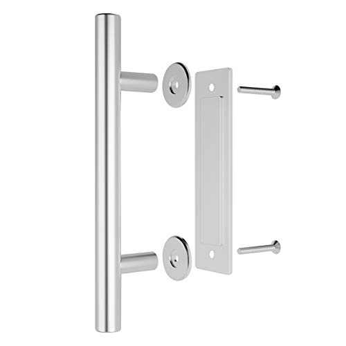 Smartstandard Heavy Duty 12" Pull And Flush Barn Door Handle Set, Large Rustic Two-Side Design, For Gates Garages Sheds Furniture, Solid Stainless Steel Material, Round, Silver #TOP6
