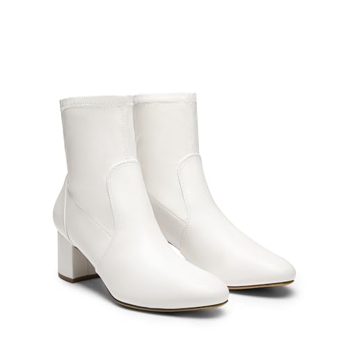 DREAM PAIRS DREAM PAIRS Women's Fitted Stretch Ankle Boots Fashion Low Chunky Heel Almond Toe Fall Heeled Booties Shoes,Size 7,WHITE-PU,SDAB2414W