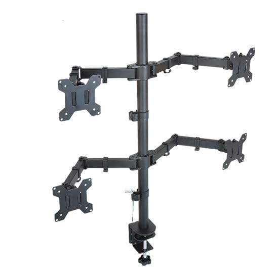SS Quad Monitor Stand, Height Adjustable Desk C Clamps & Grommet Base
