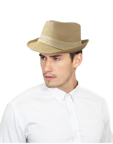 Image of SIQITECHNO Straw Fedora Sun Hat Straw Cowboy Hat for Women Men Classic Short Brim Fedora Trilby Roll Up Panama Jazz Beach Cap