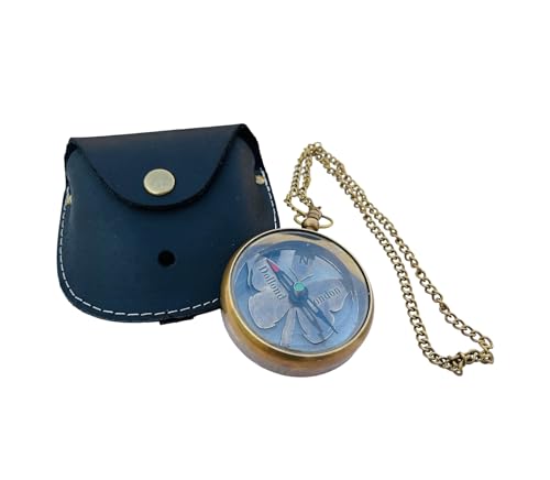 Brújula náutica portátil de latón con estuche de cuero miniatura 1