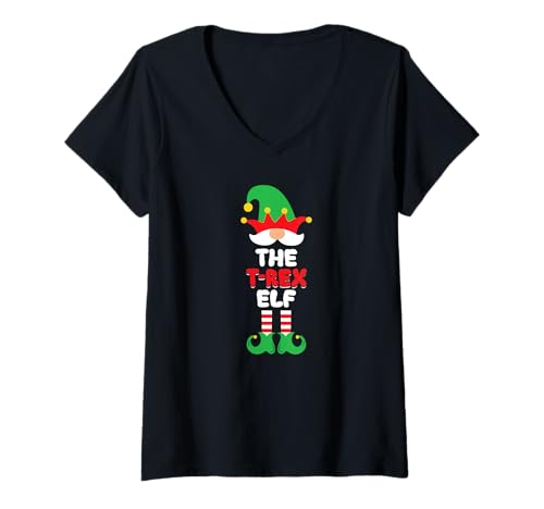 Mujer Dinosaurio elfo Trex familia a juego grupo dinosaurio divertido Navidad Camiseta Cuello V