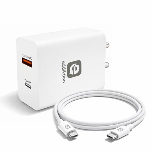 Image of Original 65W Fast Charger Adapter with USB C Cable | Dual Port USB A + Type C PD 3.0 Supports SuperVOOC Fast Charging | Compatible with iPhones, Poco, Samsung & More Androids | White