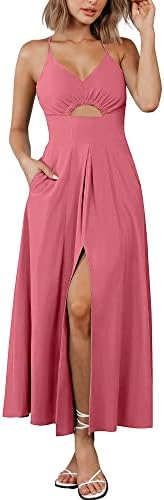 BTFBM Women 2025 Summer Spaghetti Strap Midi Dress Sleeveless V Neck Cutout Slit Casual Beach Party Maxi Dresses Pockets