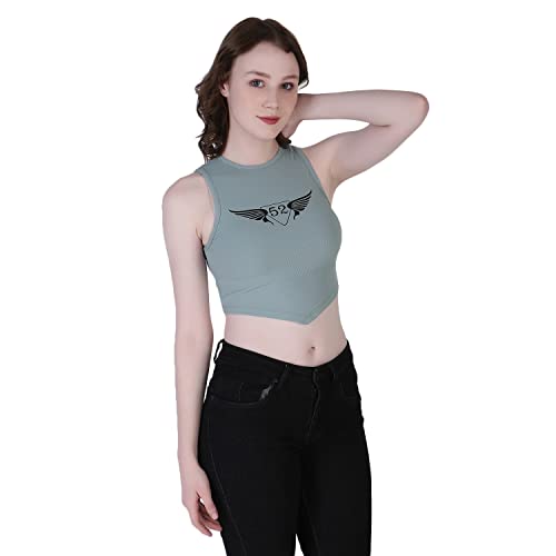 Image of Leriya Fashion Women's & Girls' Solid Ribbed Western Crop Top, Sleeveless Angle's Fly Print Top.