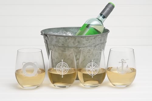 Set of 4 Stemless Boat Wine Glasses – 16oz Unbreakable Nautical Glasses with Anchor, Compass, Helm & Life Ring – BPA-Free Tritan Plastic, Dishwasher Safe – Ideal for Boats, Pool, RV & Outdoor Use