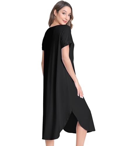Image of NACHILA Nightgowns for Women-Viscose Made from Bamboo,Short Sleeve Nightshirts Satin V Neck Sleep Dress Loose Sleepwear