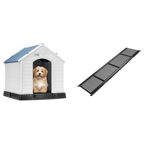 DEStar Durable Waterproof Plastic Pet Dog House Indoor Outdoor Puppy Shelter Kennel with VIVOHOME Dog Ramp for car, 67" x 20" Longer and Wider Pet Ramp Cover