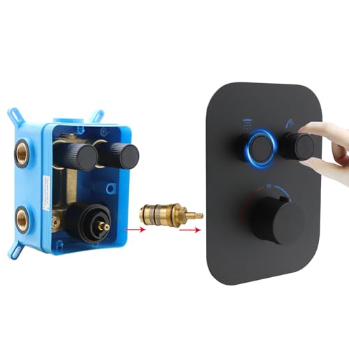 Delnet Upgraded Thermostatic Shower Mixer Valve, Dual Function Brass Shower Valve, Concealed 2 Way Shower Diverter Valve Can Control Flow and On-Off Simultaneously, Matte Black