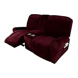 Funda reclinable de terciopelo con consola central de 2 plazas, funda de sofá reclinable con 8 piezas de felpa suave, antideslizante, protector de muebles para sala de estar, niños, color rojo vino