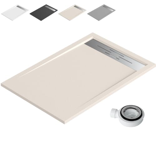 Plato Ducha Resina Antideslizante con Valvula y Rejilla | Textura Piedra | Beige | 70 X 120cm