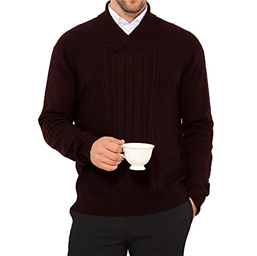 NITAGUT Mens Shawl Collar Pullover Sweater Slim Fit Sweater Cable Knit Pullover Casual Button Sweater for Man,Wine Red,L