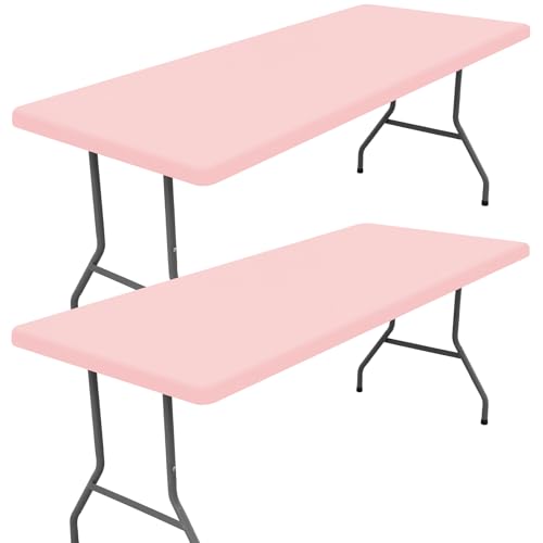 Moosfor Spandex 6 Foot Rectangle Table Cloth 2 Pack, Elastic Fitted Tablecloths for Picnic, Stretch Washable Patio Table Cover for Outdoor, Camping, Banquet and Parties (Pink, 30