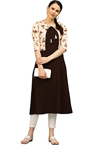 Image of Women's Crepe Printed A-Line Kurti (ALC4045SLM Brown X-Large)