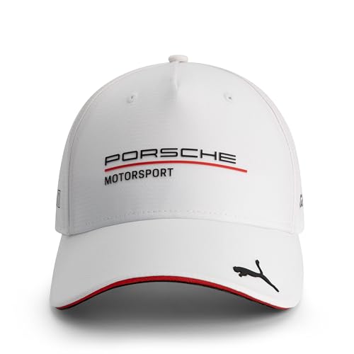 PUMA Porsche Motorsport Team Cap mit gebogenem Schirm und Porsche Motorsport sowie Sponsorenlogos inklusive Logo auf dem Schirm - Weiß - Einheitsgröße