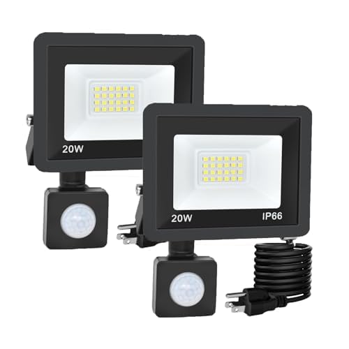 RERBIO Motion Sensor Flood Light Outdoor（2-Pack）, 20W Plug in Motion Sensor Light with 4.9ft Cord, IP66 Waterproof Floodlights with Photocell 6000K Super Bright Security Light for Garden Patio