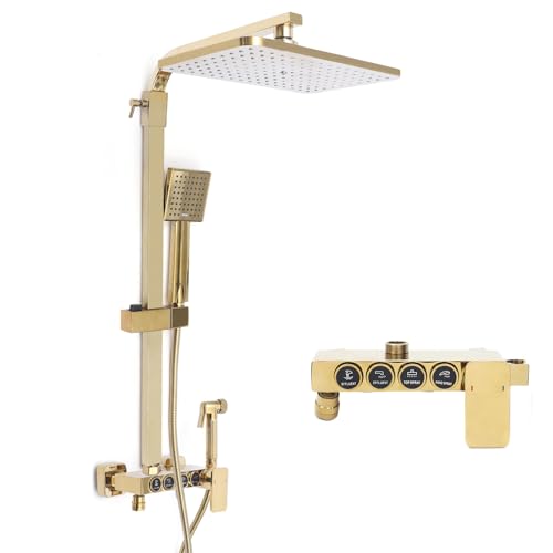 Duschset mit Armaturen, Duscharmatur Komplettset mit Quadratische Regendusche,Handbrause und Booster-Spritzpistole,4 Strahlarten,Höhenverstellbare,Gold